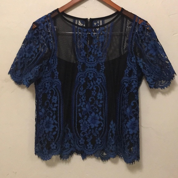 Nanette Lepore Tops - Nannette Lepore blue lace mesh scalloped blouse